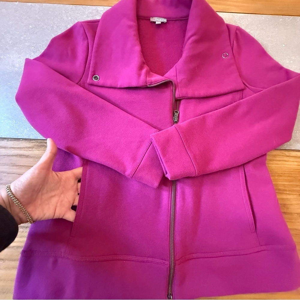 Talbots Petite Magenta Pink Asymmetrical Zip Fleece Moto Jacket Size MP - Picture 6 of 12